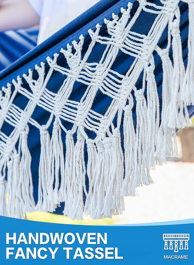 PNAEUT Handmade Tassel Hammocks Double Hammock with Stand for Outside Indoor Outdoor Max 450 lbs Capacity Pillow &amp Storage Bag (Navy)