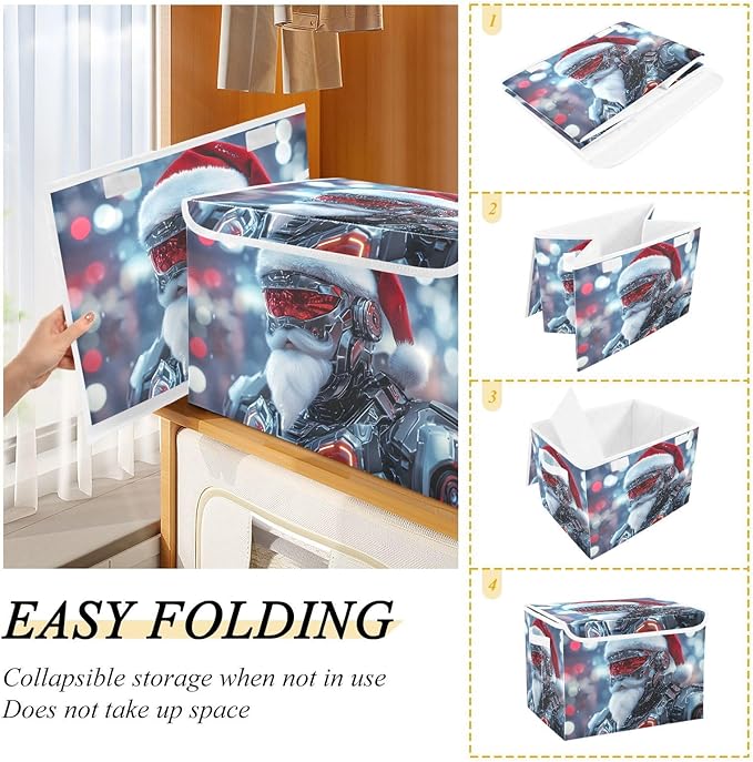 Cyber Santa Christmas Storage Cube Bins Basket with Lid Collapsible Flip-top Fabric with Handle for Home Bedroom Closet Office 16.5×12.6×11.8 in