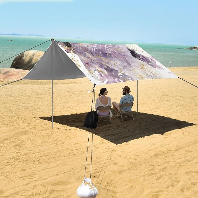ALAZA Purple Flowers White Cat Beach Tent Sun Shelter Portable Canopy Sunshade for Outdoor Camping Picnics Backyard Fun 10x9 ft