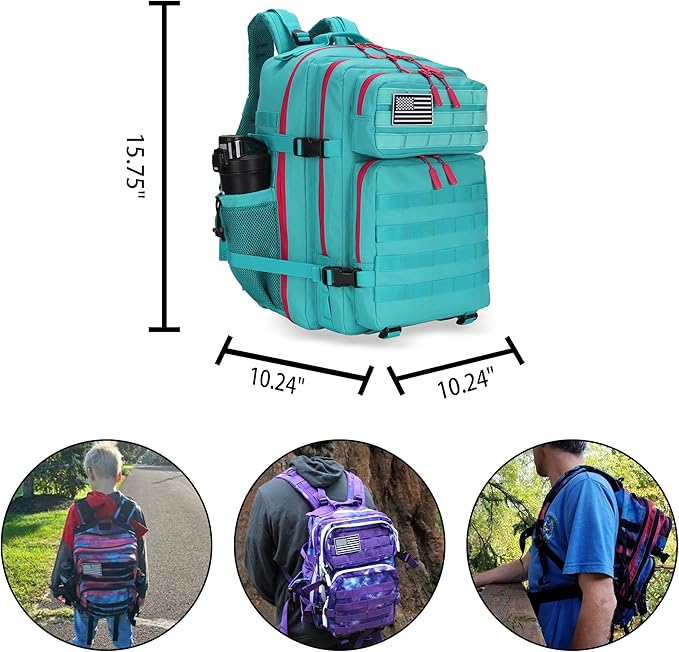 Lovelinks21 25L Tactical Military Backpack Small Travel Rucksack for Men and Women Assault Pack Bug Out Bag Molle Daypack Gym Backpack with Bottle Holder (Neon Teal)