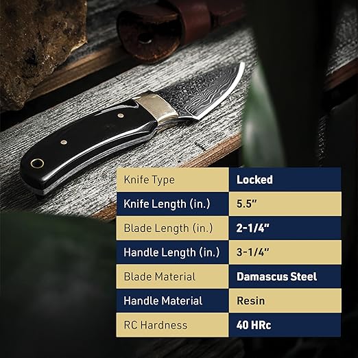 Kings County Tools Damascus Knife 5.5” Small Full Tang Fixed Blade Knife with Sheath - 2.25” Damascus Steel Blade Leather Sheath with Belt Loop - Skinning Bushcraft Camping or EDC Gifts for Men