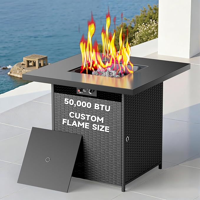 Propane Fire Pit Table 29'' - Easy Push-Turn Ignition Clean Smokeless - Rattan Wicker Outdoor Fire Table with Adjustable Flame 50000 BTU Fire Pit Gas for Patio Garden &amp Backyard Black