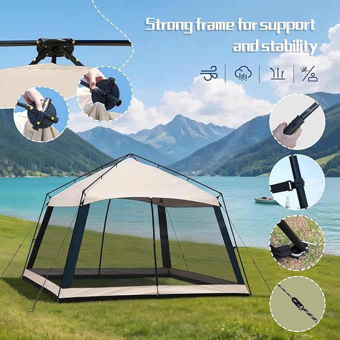 12 x 12 FT Camping Screen Tent for 8-10 Person Easy Setup Screen House with UV 50+ Sun Protection &amp Mosquito Net for Camping Backyard Picnic Patio Outdoor Beige &amp Navy