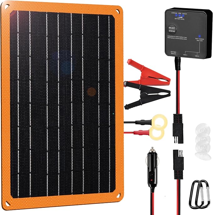 FieryRed 10W 12V Solar Panel Car Battery Charger &amp Maintainer Waterproof Trickle Charger with Built-in Controller Cig Plug Alligator Clips USB-C USB-A Outputs for Car Boat RV Tractor