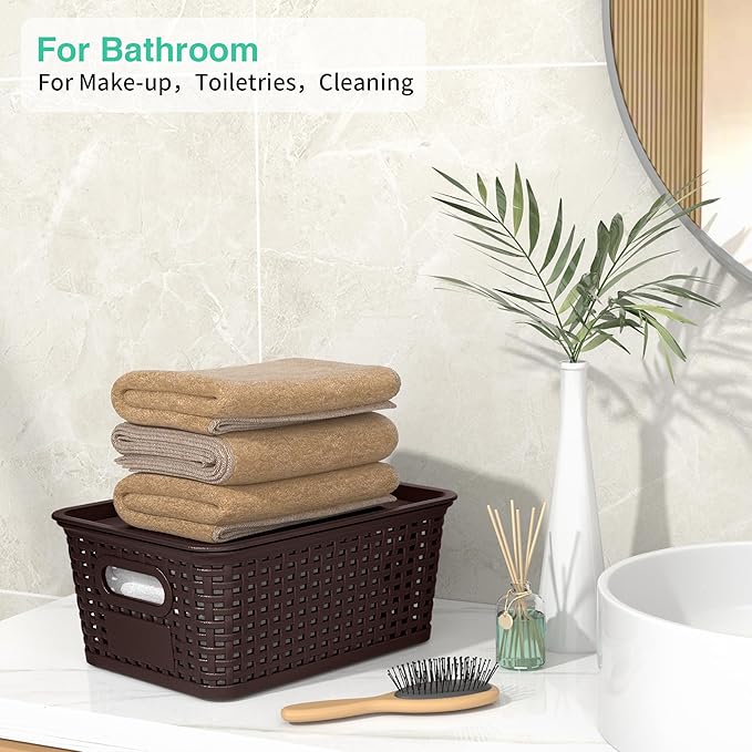 8-Pack Brown Plastic Storage Baskets with Lids Label Organizers Stackable Organizer Containers: For Organizing Shelves Drawers Desk Closets Playrooms Classrooms Offices