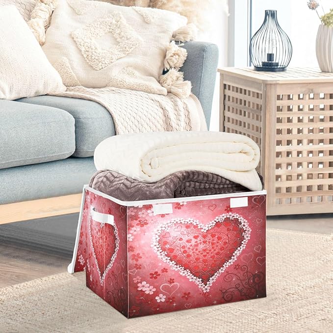 senya Valentines Baskets Collapsible Storage Bins with Lids Love Heart Floral Heart Storage Boxes Clothes Baskets for Organizing