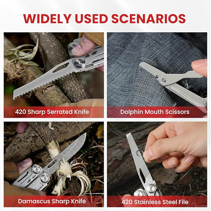 Multitool 29-in-1 Stainless Steel Multi Tool Pliers with Screwdriver Sleeve Damascus Pocket Knife Nylon Sheath for Survival Camping Hunting and Hiking