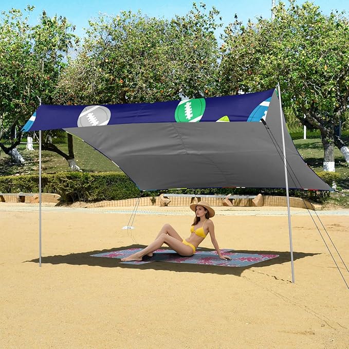 xigua Rugby Beach Tent Sun Shelter with Carrying Bag - Silver Coated Oxford Fabric Beach Canopy for Beach Camping Fishing - Includes Windproof Ropes Sandbags &amp Stakes