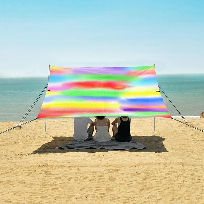 Beach Canopy with Windproof Ropes &amp Sandbags Beach Tent Sun Shade Sun Shelter for Camping Trips Fishing Backyard Fun or Picnics Rainbow Stripes