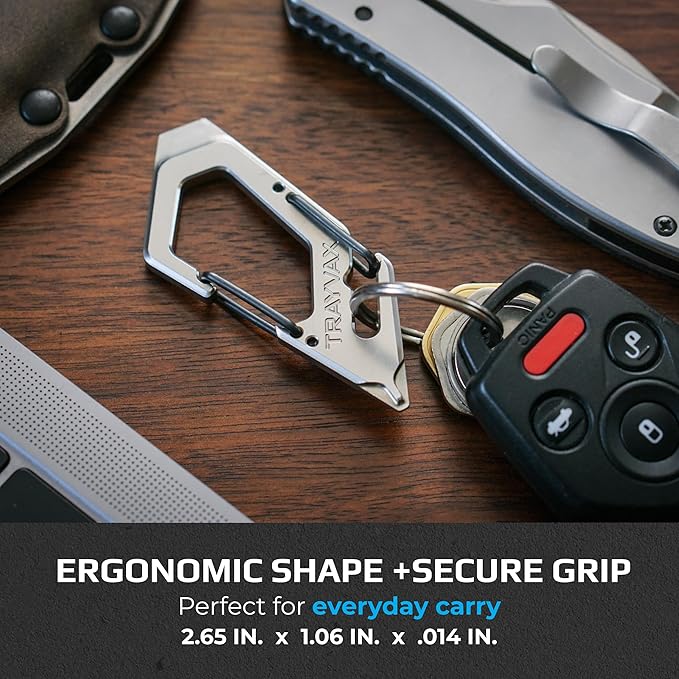 Trayvax Talon Carabiner Clip Multi-Tool 420 Stainless Steel Quick Release Keychain Multitool with Bottle Opener and Screwdrivers Silver