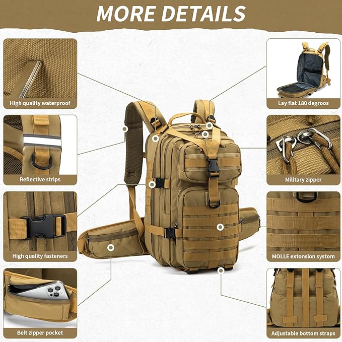 Camo hunting backpacksmall tactical backpack military backpack for men camping backpack 3-day bag(Khaki)