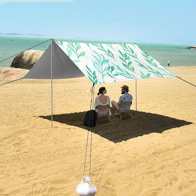 Beach Canopy with Windproof Ropes &amp Sandbags Beach Tent Sun Shade Sun Shelter for Camping Trips Fishing Backyard Fun or Picnics Leaf