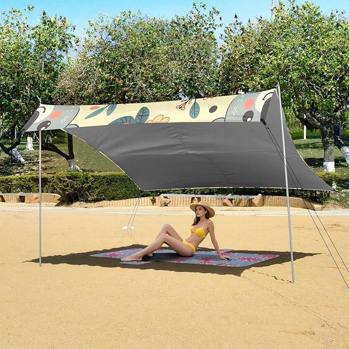 Cartoon Koala and Wildflowers Beach Tent Sun Shelter Set UPF50+ UV Protection 10.5 x 9.19 FT Camping Shade Canopy with Sandbags Sand Anchors Carrying Bag and Others