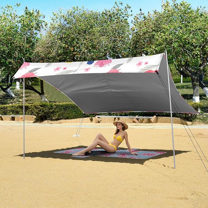 Beach Canopy with Windproof Ropes &amp Sandbags Beach Tent Sun Shade Sun Shelter for Camping Trips Fishing Backyard Fun or Picnics Flowers