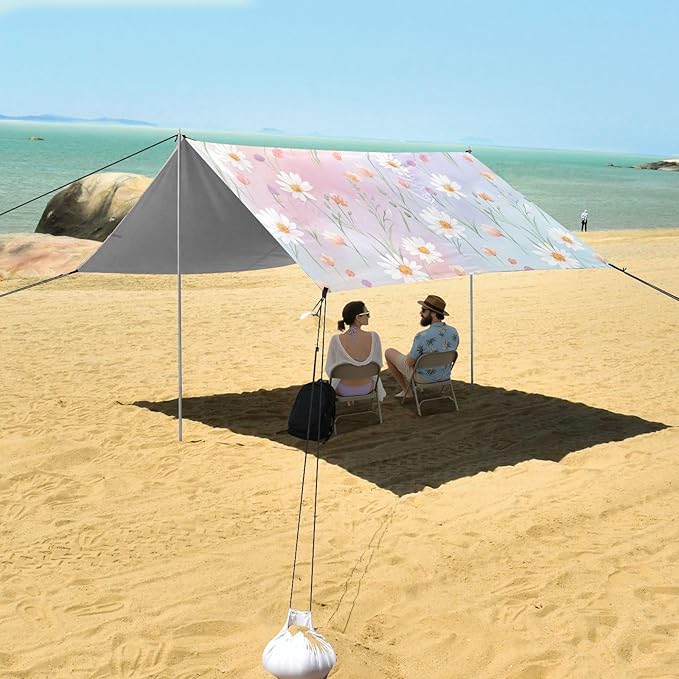 xigua Wildflowers Beach Tent Sun Shelter with Carrying Bag - Silver Coated Oxford Fabric Beach Canopy for Beach Camping Fishing - Includes Windproof Ropes Sandbags &amp Stakes