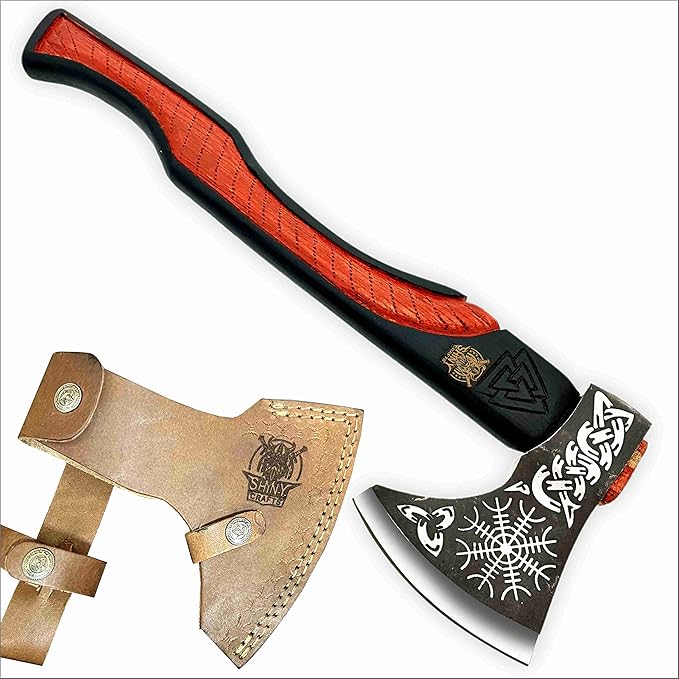 SHINY CRAFTS® Handcrafted Viking Axe – Engraved Nordic Blade with Wooden Handle Norse Bearded Hatchet for Men Unique Gift for Him Collectors Cosplay Camping Medieval Wall Decor (VBA-01)