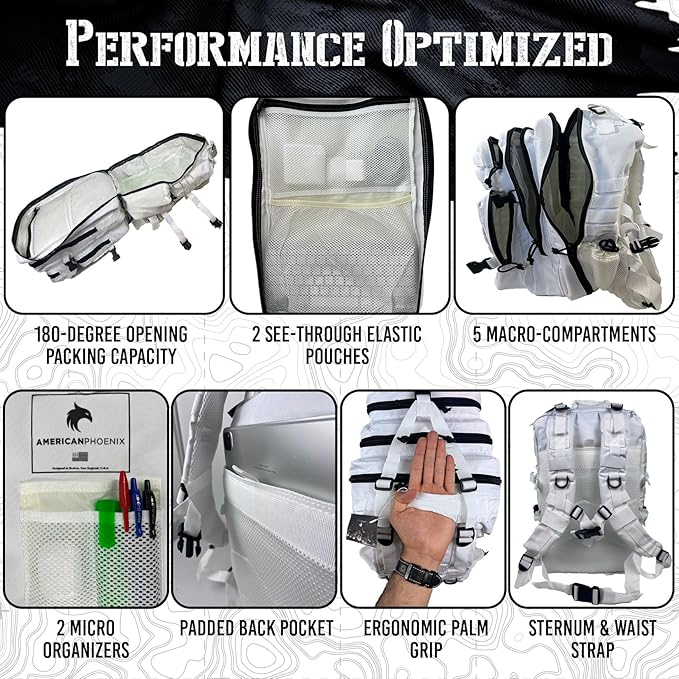 AMERICANPHOENIX 45L Elite Tactical Backpack | 3X Stronger Work &amp Military Backpack | Water Resistant and Heavy Duty | 3 Day MOLLE Bug Out Bag (Polar White)