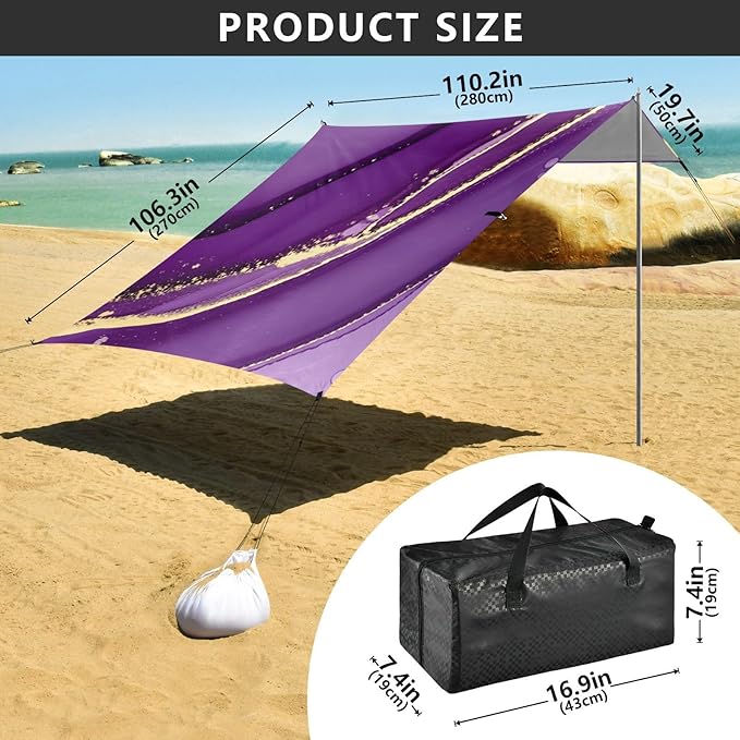 Beach Canopy with Windproof Ropes &amp Sandbags Beach Tent Sun Shade Sun Shelter for Camping Trips Fishing Backyard Fun or Picnics Purple Texture