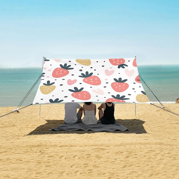 Cartoon Strawberry Beach Tent Sun Shelter Set UPF50+ UV Protection 10.5 x 9.19 FT Camping Shade Canopy with Sandbags Sand Anchors Carrying Bag and Others