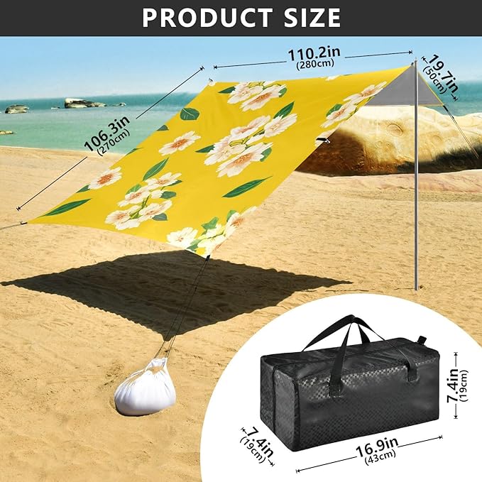 Beach Canopy with Windproof Ropes &amp Sandbags Beach Tent Sun Shade Sun Shelter for Camping Trips Fishing Backyard Fun or Picnics Flowers