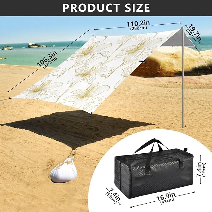 ALAZA Golden Lily on A White Line Beach Tent Sun Shelter Portable Canopy Sunshade for Outdoor Camping Picnics Backyard Fun 10x9 ft