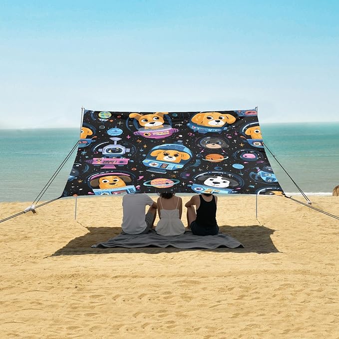 ALAZA Dog Spaceship Astronaut Beach Tent Sun Shelter UPF50+ Protection Beach Shade Canopy w/ 4 Sandbags for Outdoor Camping Fishing Backyard Fun Picnic 10x9 ft