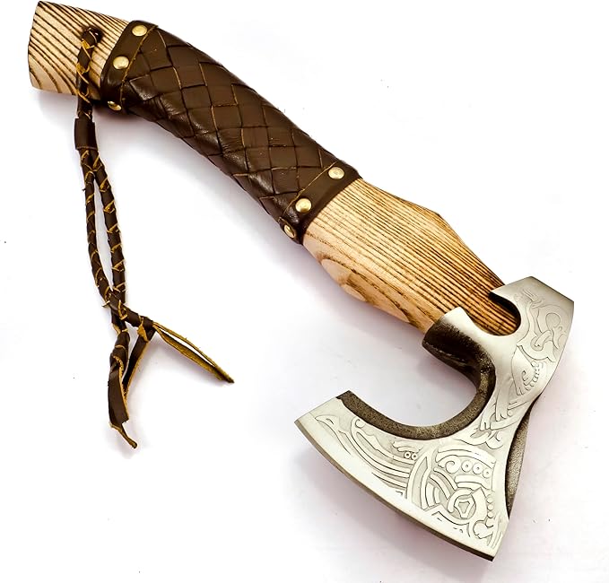 Custom Forged Carbon Steel Viking Style Bearded Axe - Real Hatchet Throwing &amp Camping Axe with Leather Wrap Best Gift for Anniversary Valentine's Day Birthday with Premium Leather Sheath