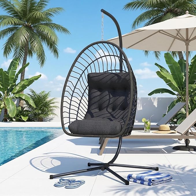 Kingdura Hanging Egg Chair with Stand Indoor Outdoor Foldable Rattan Wicker Hammock Egg Swing Chair for Bedroom Porch Patio Garden Thickened Cushion 350LBS Capacity Heavy Duty Frame