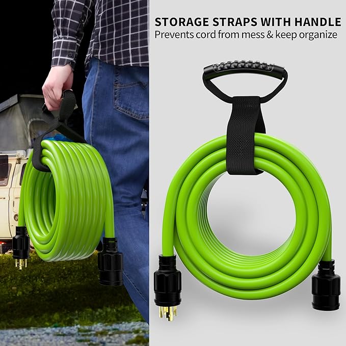 POWGRN 75Feet 30 Amp Generator Extension Cord 4 ProngHeavy Duty NEMA L14-30P/L14-30R125/250V 7500WGreen 10 Gauge STW Twist Locking Generator to House Power Cords with Cord OrganizerETL Listed