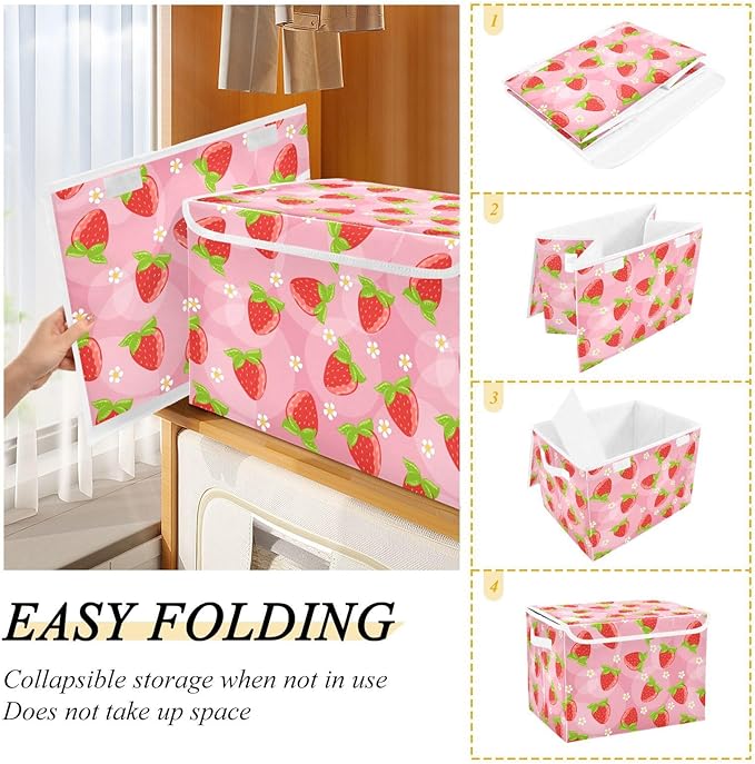 Storage Box Strawberry Fruits Closet Storage Bins with Lids Foldable Oxford Fabric Storage Box for Home Bedroom Closet Office (16.5x12.6x11.8 in)