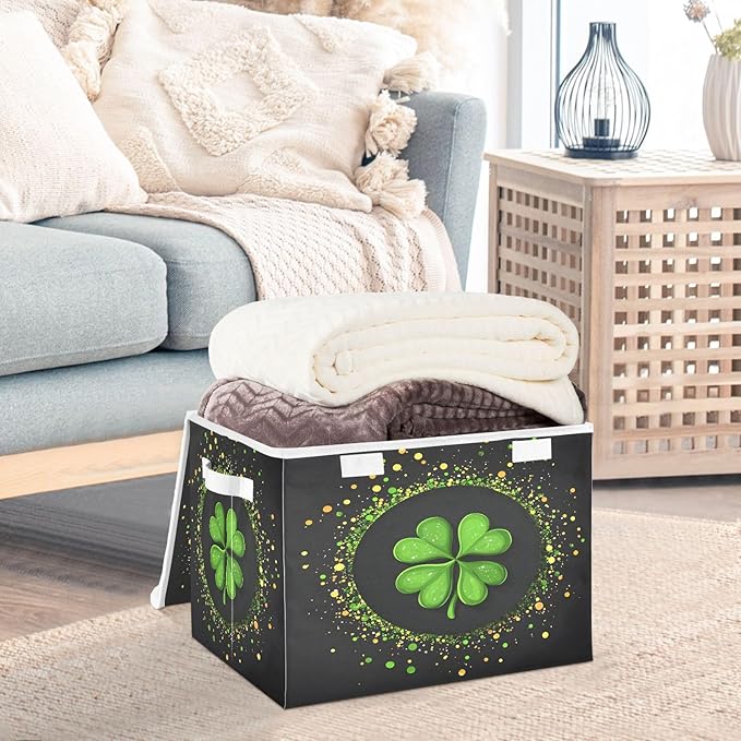 Doodle St. Patrick's Day Shamrock Pattern Foldable Storage Baskets Fabric Boxes with Handle Organizers with Flip-Top Lids Storage Bins for Home Bedroom Office