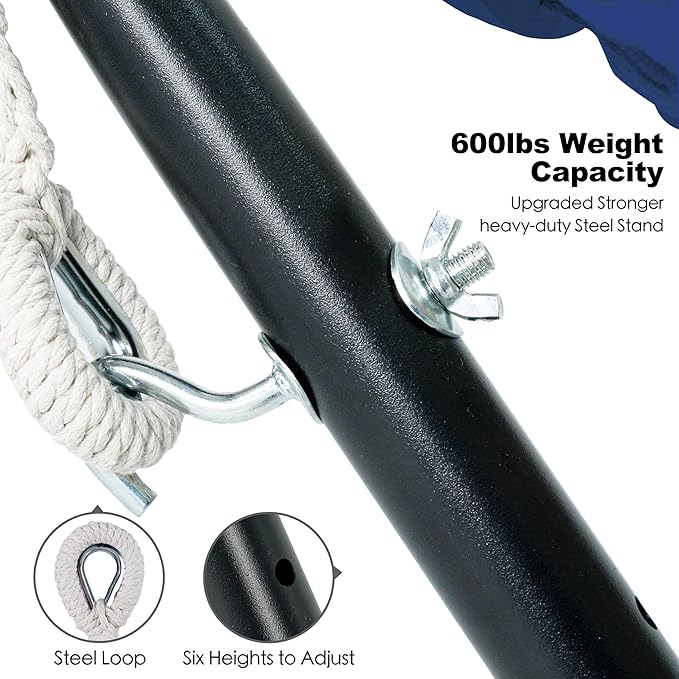 Gafete Double Hammock with Stand for Outside Upgraded Spreader Bar Heavy Duty Space Saving Steel Stand 2 Person Side Pockets Easy Assembly 600lbs Weight Capacity Indoor &amp Outdoor (Navy Blue)