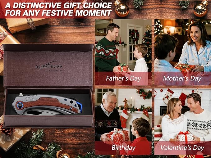 Artistic Valentine‘s Gift Colorful Wood Handle Folding Knife 3.3” Satin D2 Blade Silver Aluminum Flipper Ergonomic Gift Case