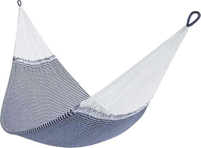 Handwoven Hammock by Yellow Leaf Hammocks - Family Size Fits 2+ PPL 550lb max - Weathersafe Super Strong Easy to Hang Ultra Soft Artisan Made - Color: Stripe Navy Blue - White