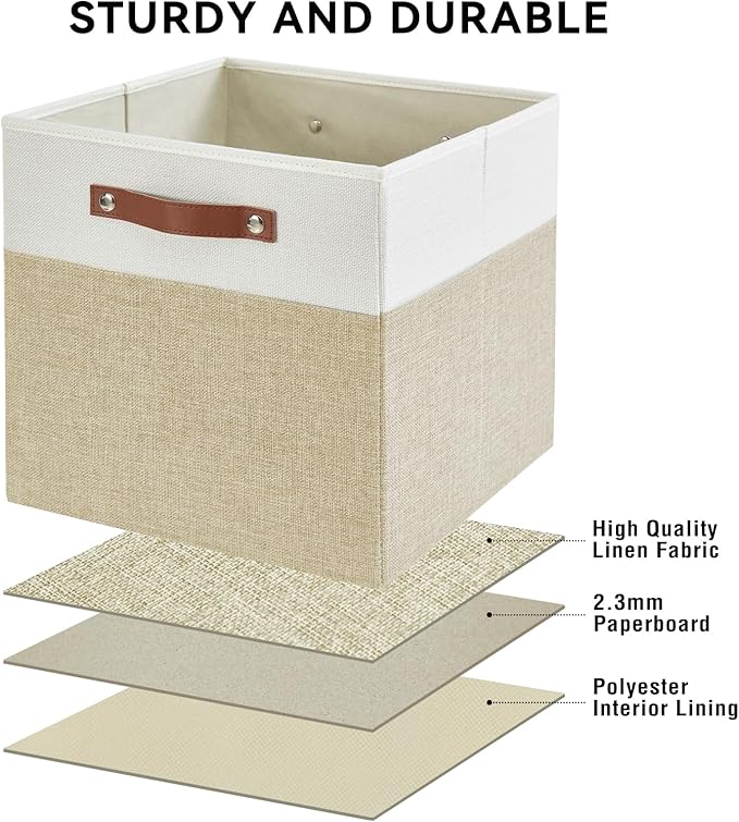 13x15x13 Storage Cube Bins Foldable Storage Organizer Baskets Fabric Cube Storage Boxes with 2 Reinforced PU Handles for Kallax Shelves Living Room | 4 Pack Beige &amp White