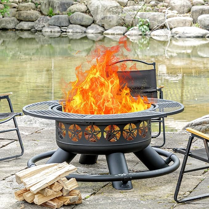 47 Inch Outdoor Fire Pit with 2 Grills Extra Large BBQ Firepits for Outside Metal Round Fire pits with Lid&ampFire Poker3 in 1 Wood Burning Outdoor Fireplaces for BackyardPatioBonfire