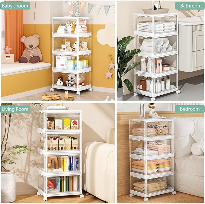 Kmiectse Clear Storage Bins with Lids4 Tier Plastic Bins with WheelsStackable Storage BinCloset Organizers Box for BedroomLiving RoomToy23 QT Folding Box with Magnetic door