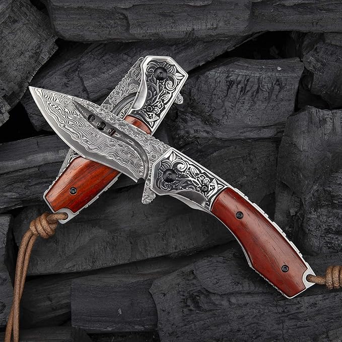 hand made damascus steel pocket knife 3.1 inch outdoor folding knife camping rosewood handle with leather case and inner lining