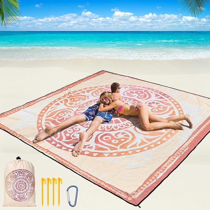 Beach Blanket Waterproof Sandproof Beach Mat 79 X 83/10'x9'for 2-8 Adults Quick Drying Outdoor Picnic Mat Beach Accessories for Travel Camping Hiking