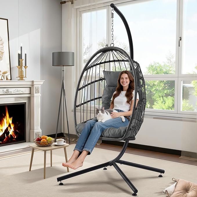 Hanging Egg Chair with Stand Foldable Hanging Chair with Cushion Wicker Rattan Hammock Swing Chair Indoor Outdoor Lounging Chair 350 LBS Capacity for Patio Bedroom Balcony Garden