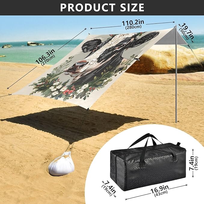ALAZA Cow Portrait Wreath Beach Tent Sun Shelter UPF50+ Protection Beach Shade Canopy w/ 4 Sandbags for Outdoor Camping Fishing Backyard Fun Picnic 10x9 ft