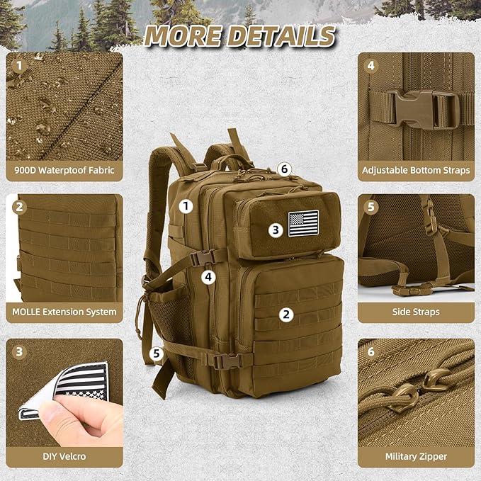 45L Military Tactical Backpack For Men and Women Molle Daypack 3 Day Bug Out Bag Hiking Gym Backpack Rucksack With Bottle Holder Khaki