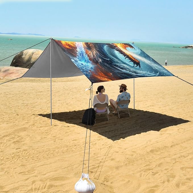 ALAZA Ice &amp Fire Dragons Beach Tent Sun Shelter UPF50+ Protection Beach Shade Canopy w/ 4 Sandbags for Outdoor Camping Fishing Backyard Fun Picnic 10x9 ft