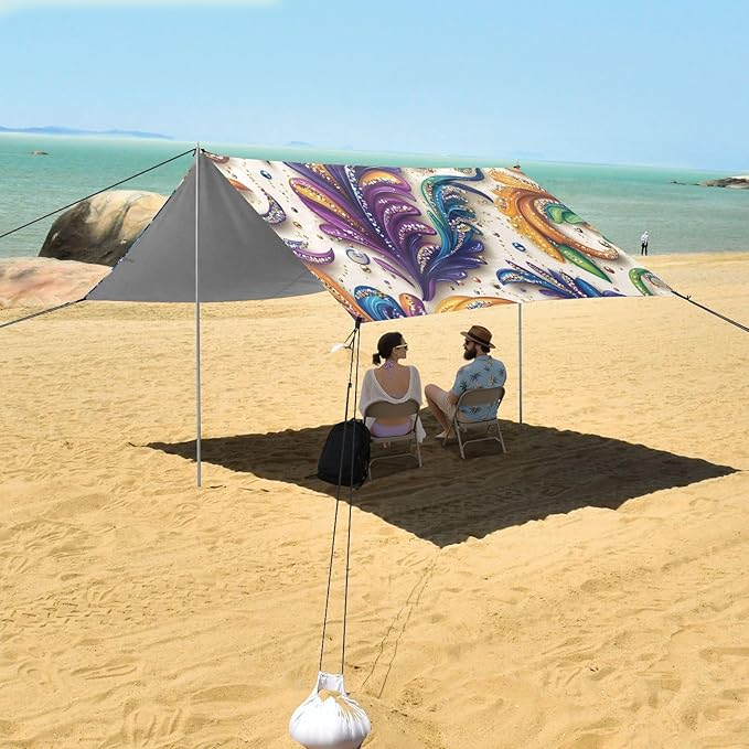 Mardi Gras Carnival Beach Tent Sun Shelter Set UPF50+ UV Protection 10.5 x 9.19 FT Camping Shade Canopy with Sandbags Sand Anchors Carrying Bag and Others