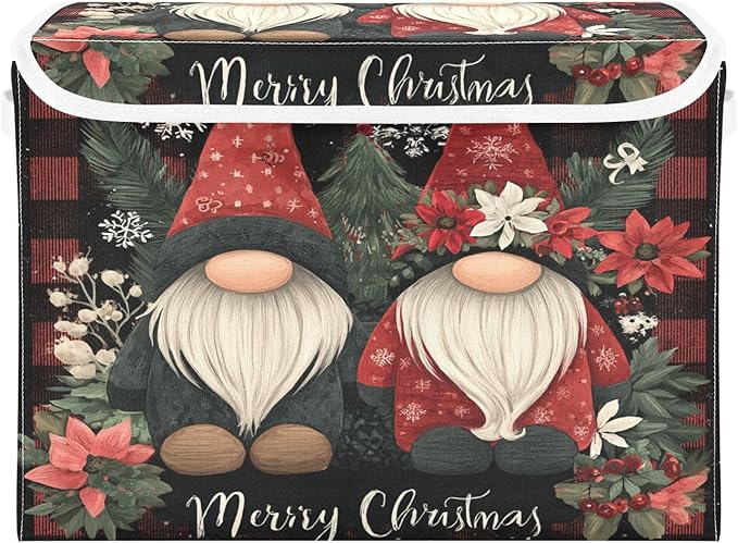 Merry Christmas Checkered Gnomes Collapsible Storage Bins with Lids Decorative Fabric Cubes Closet Organizer Basket Boxes Containers for Clothes Box Chest Folding Rectangle
