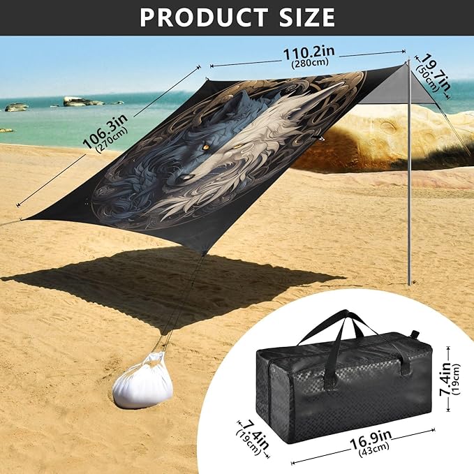 ALAZA Wolf Yinyang Beach Tent Sun Shelter UPF50+ Protection Beach Shade Canopy w/ 4 Sandbags for Outdoor Camping Fishing Backyard Fun Picnic 10x9 ft
