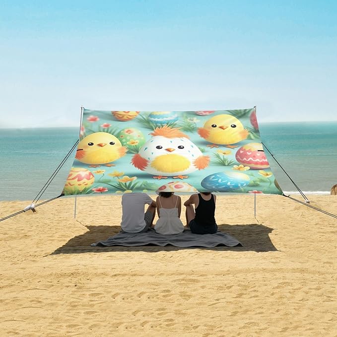 Easter Eggs Cute Chicks Beach Tent Sun Shelter Set UPF50+ UV Protection 10.5 x 9.19 FT Camping Shade Canopy with Sandbags Sand Anchors Carrying Bag and Others