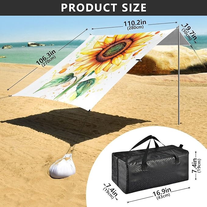 ALAZA Yellow Sunflower Watercolor Beach Tent Sun Shelter UPF50+ Protection Beach Shade Canopy w/ 4 Sandbags for Outdoor Camping Fishing Backyard Fun Picnic 10x9 ft