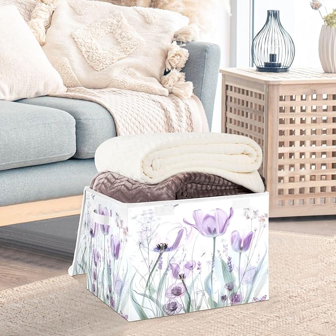 senya Baskets Collapsible Storage Bins with Lids Purple Tulips Flowers Pastel Storage Boxes Clothes Baskets for Organizing B06D22020