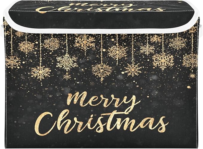 Gold Merry Christmas Storage Box with Lid 1 PC Foldable Storage Bin with Lids Stackable Storage Bins Cube Closet Organizer Basket with Flip-Top Lid &amp Handles for Shoes Books Towels